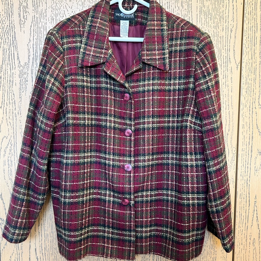 Sag Harbor Women's Plaid Blazer - Burgundy and Green
